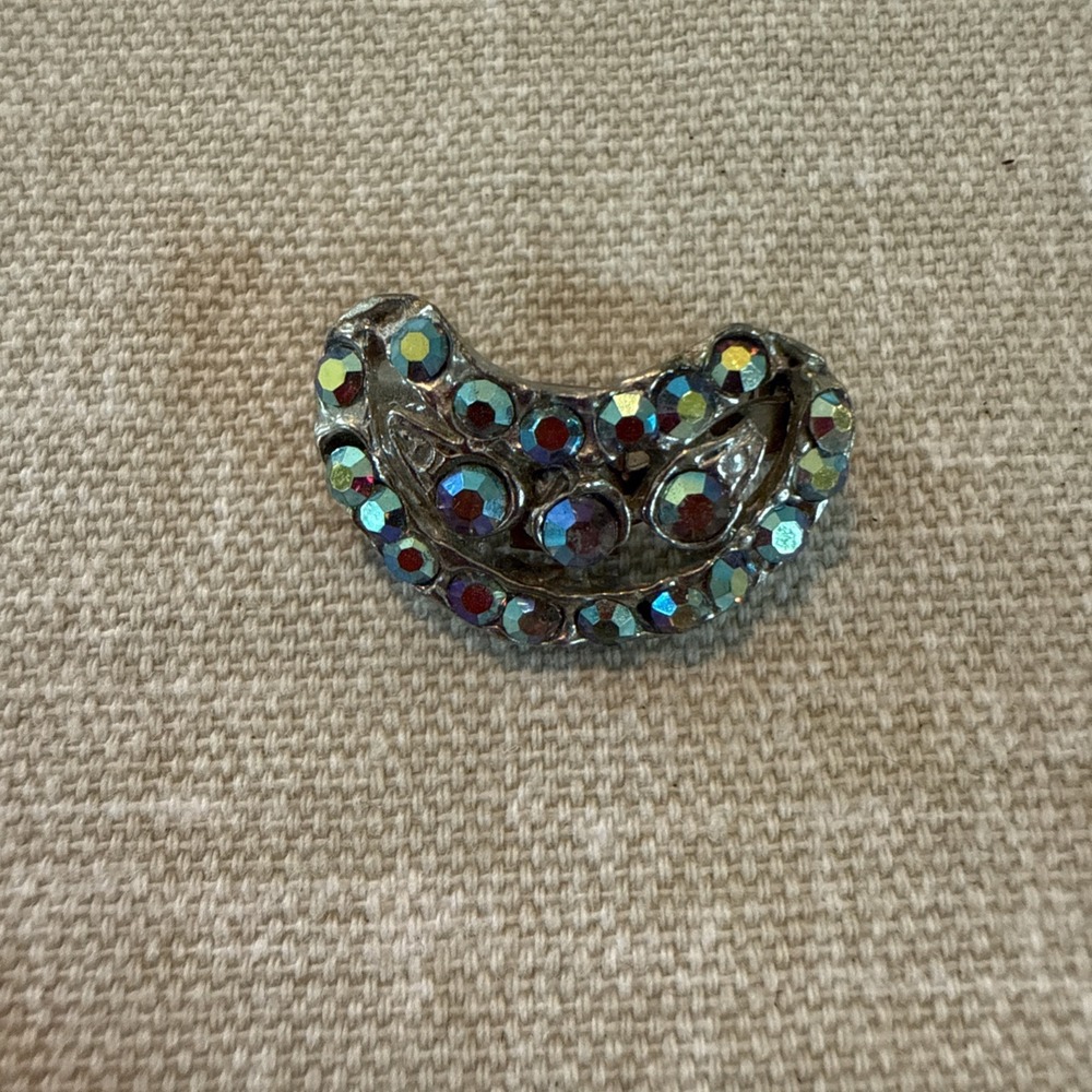 Vintage Cresent Moon Brooch AJC Iridescent Aurelia Boralis Crystals 1"